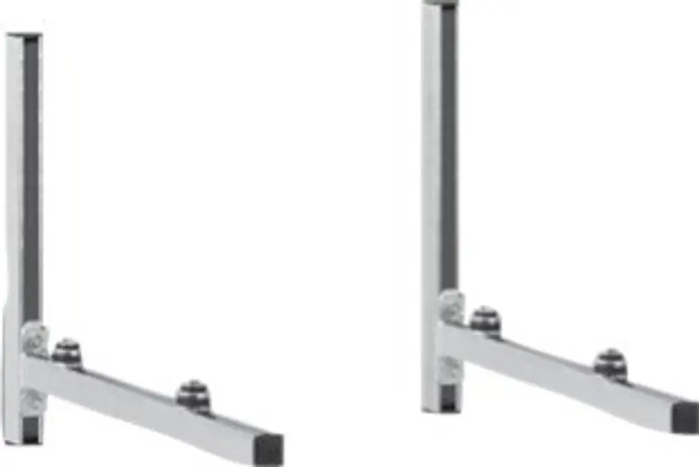 Zwei vertikale Metallkonsolen mit einer Basis, die für die Montage von Split-Wärmepumpen von Bosch geeignet sind. Halterungen mit Dämpfungselementen zur Vibrationsreduzierung.